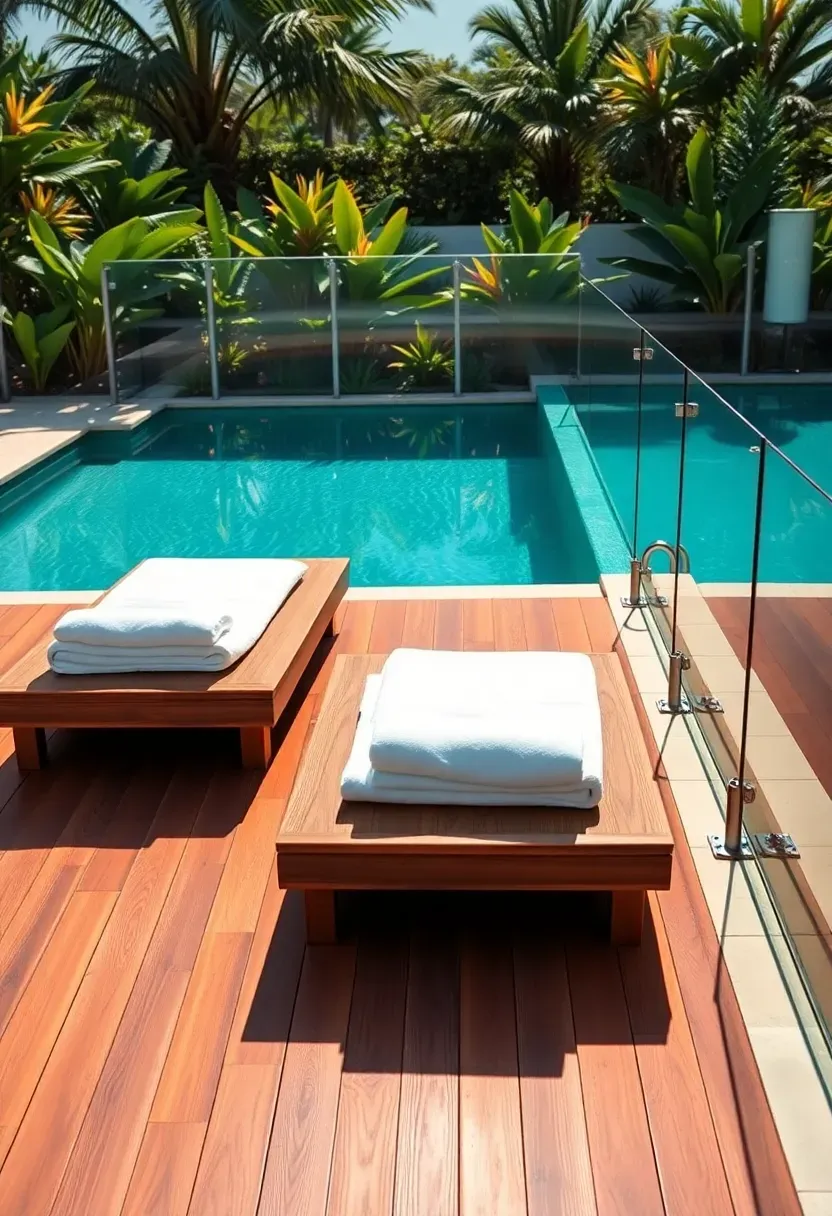 Wide poolside deck in warm ipe wood with built-in chaise lounge platforms, a frameless glass pool fence, and tropical plantings along the border