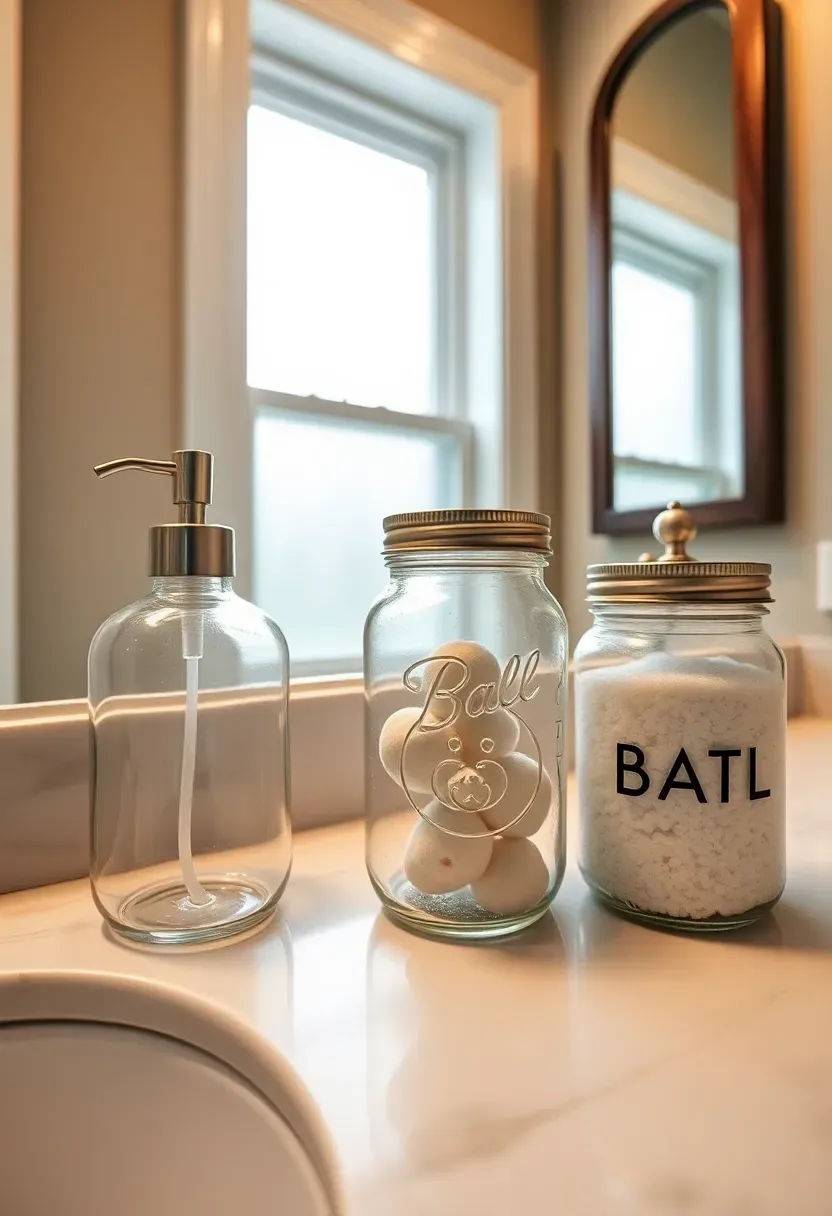 Mason jar soap dispenser and storage jars with cotton balls and bath salts on a bathroom counter — farmhouse DIY organizers