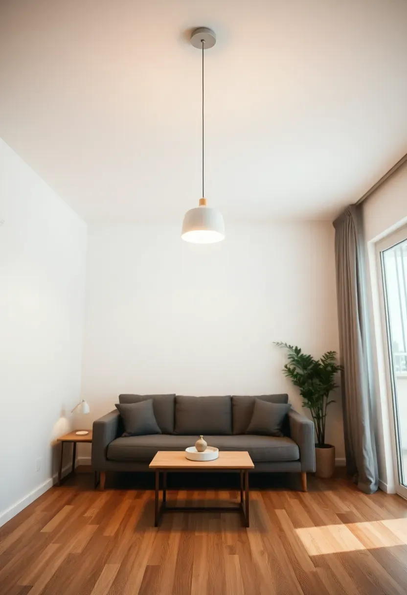 Hyper-realistic upward view of small minimalist living room featuring single modern pendant light suspended from white ceiling, pendant illuminating small seating area below, apartment living room, no floor lamps visible, white walls, oak floor. Materials: matte white or brass pendant fixture, white ceiling, warm LED bulb, oak floor. Warm focused lighting, clean uncluttered mood. Single light source defining zone, shallow depth of field, no text, no logos, no watermarks.</p>