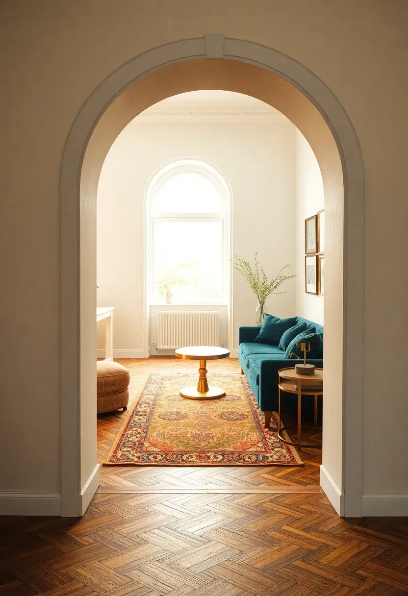Elegant living room entrance with a wide arched doorway framed in white plaster, revealing a cozy seating area with a velvet sofa beyond