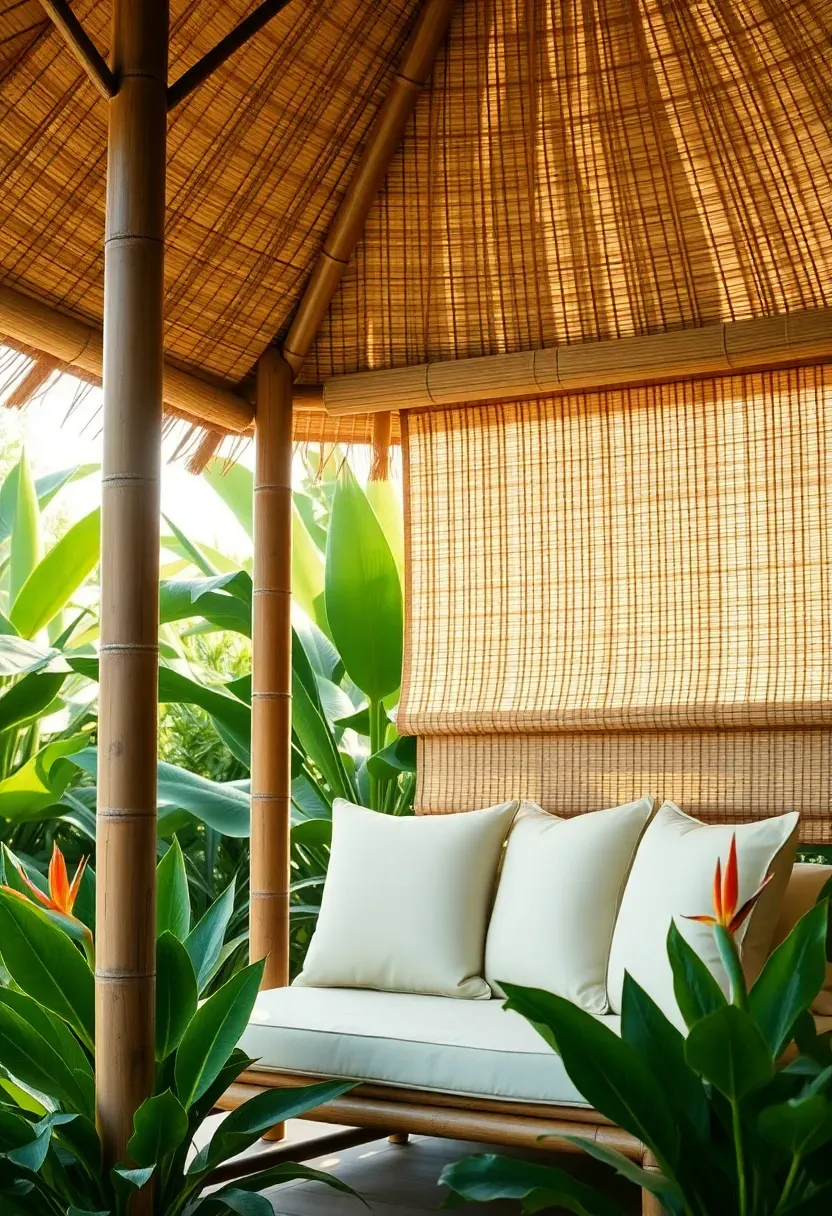 A tropical bamboo gazebo with thick Guadua bamboo columns, a woven palm leaf roof, open sides with rolled bamboo blinds, cushioned seating, and tropical plants surrounding the base