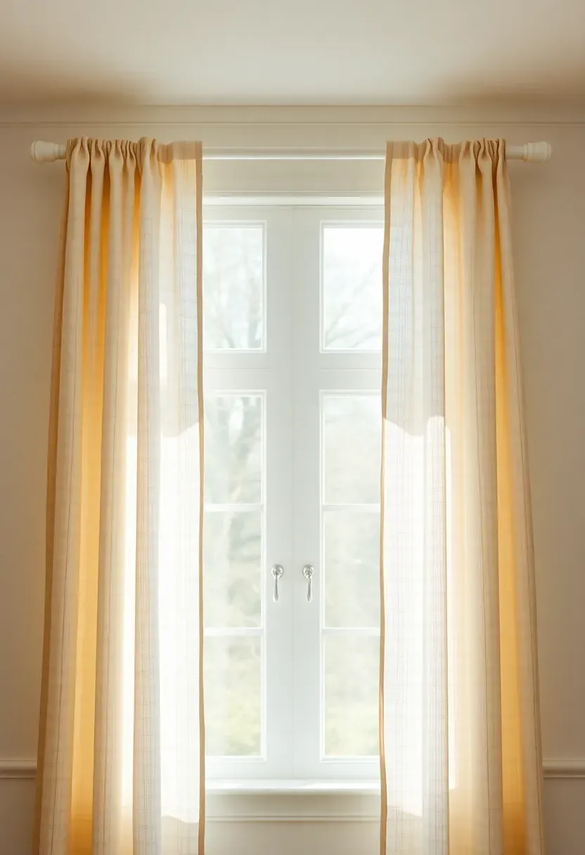 Floor-to-ceiling sheer linen panels in ivory framing large windows in a minimal sunroom with filtered afternoon light