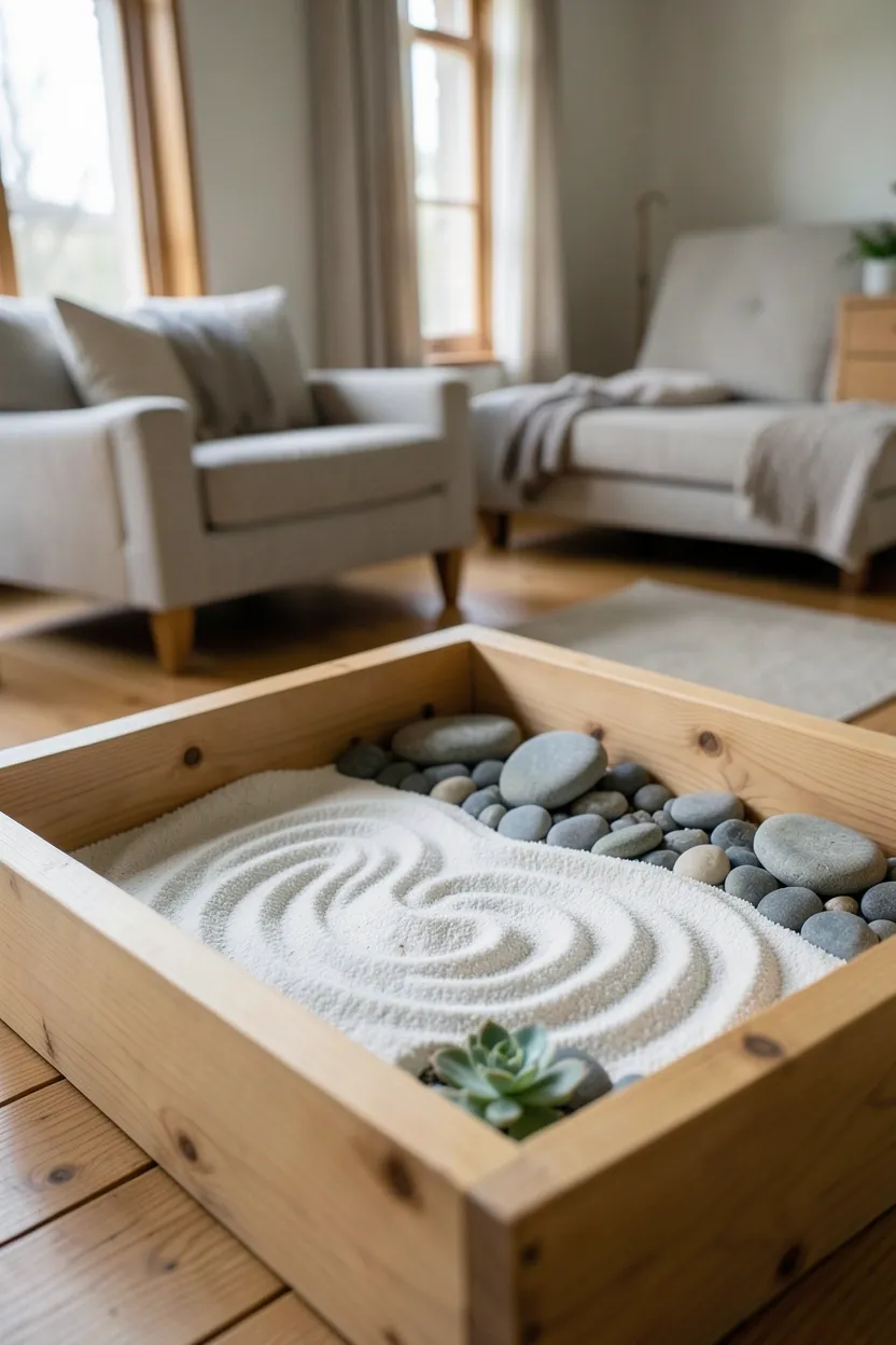 Small indoor zen garden with white sand, smooth river stones and a miniature succulent in a wooden tray on a wabi sabi living room table