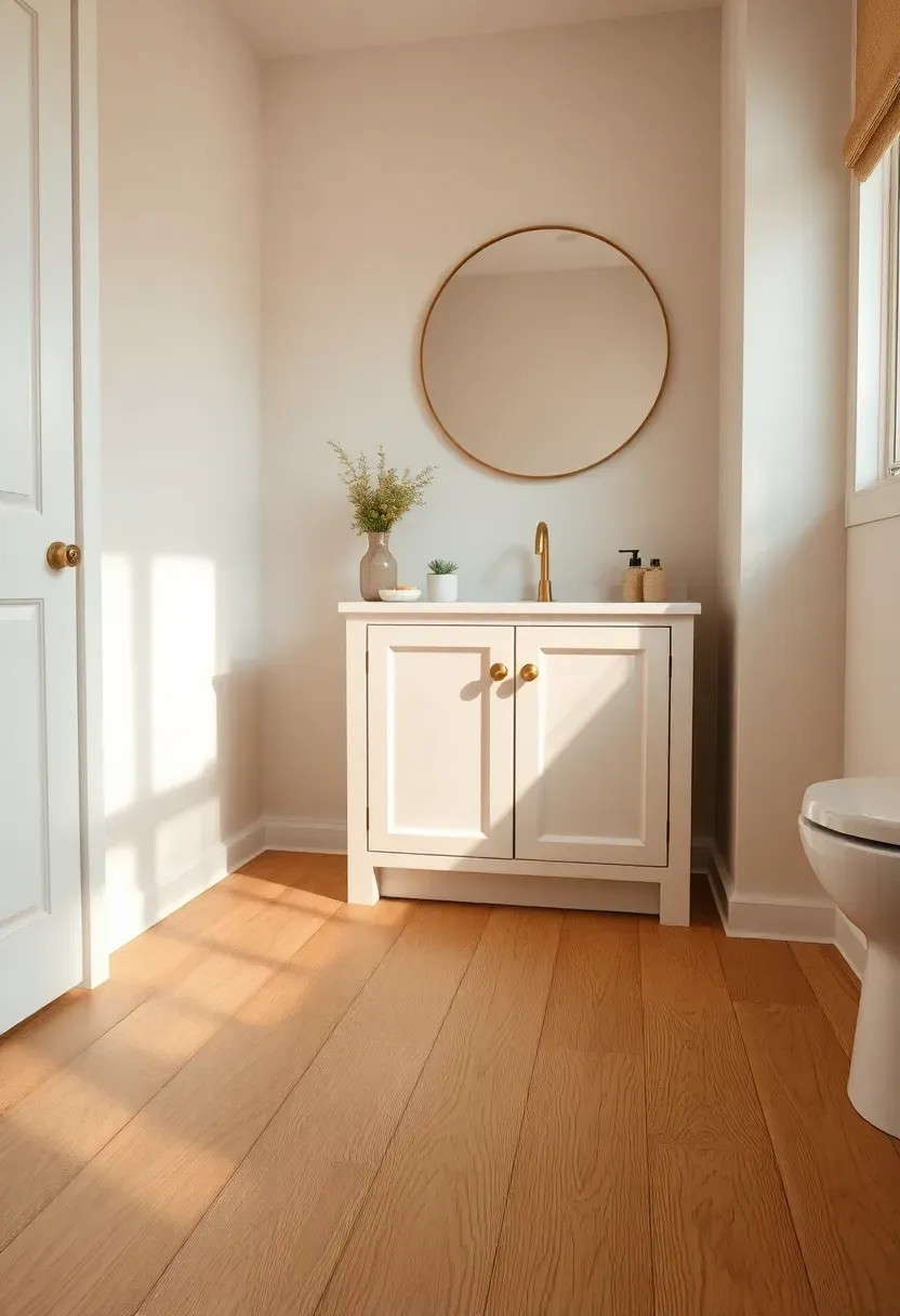 Luxury vinyl plank flooring in a light oak tone installed in a bathroom with white vanity and brass fixtures warm and realistic wood grain