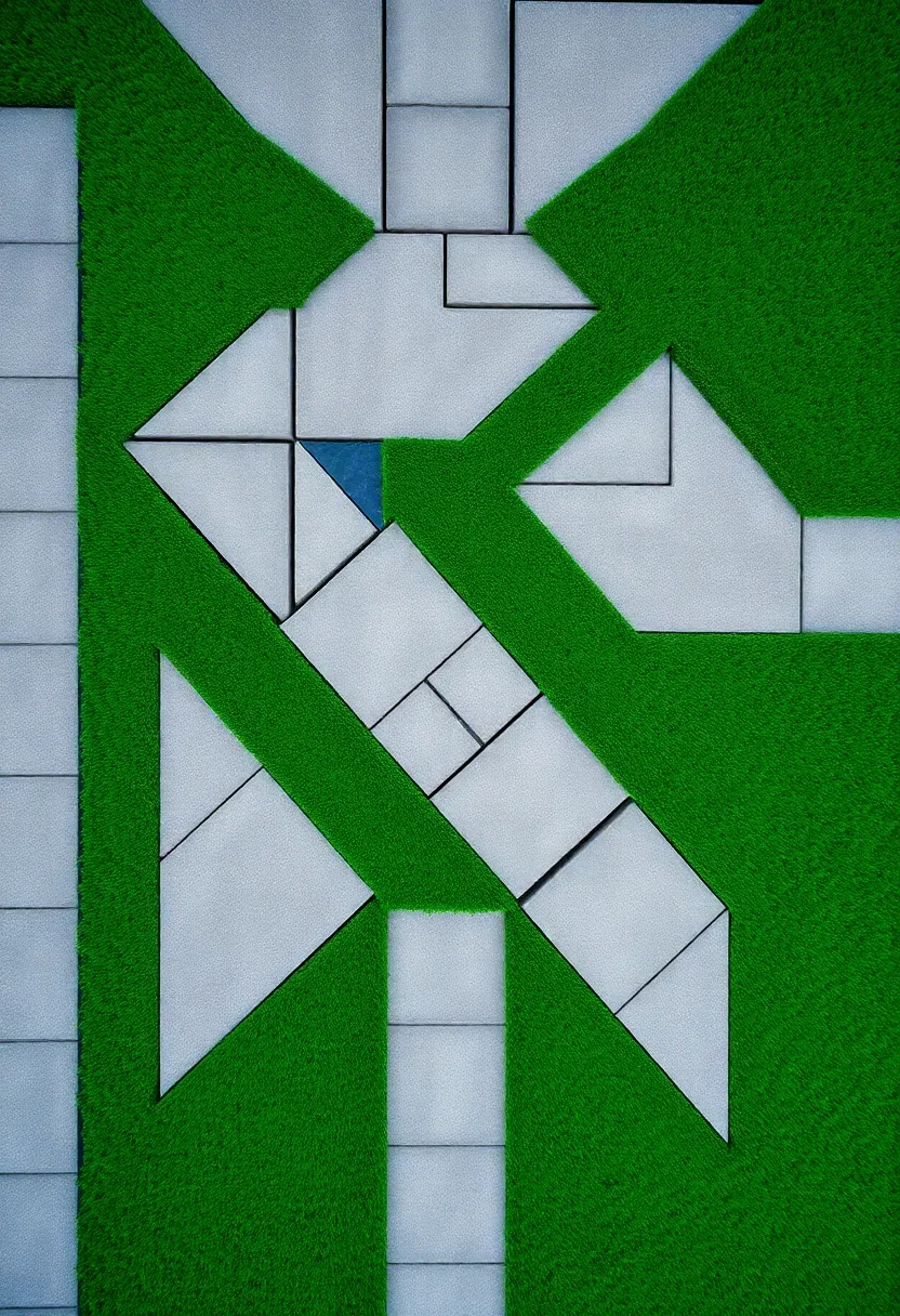 An artistic geometric mosaic pattern made of triangular and diamond-shaped gray and charcoal pavers set within a field of green turf viewed from above