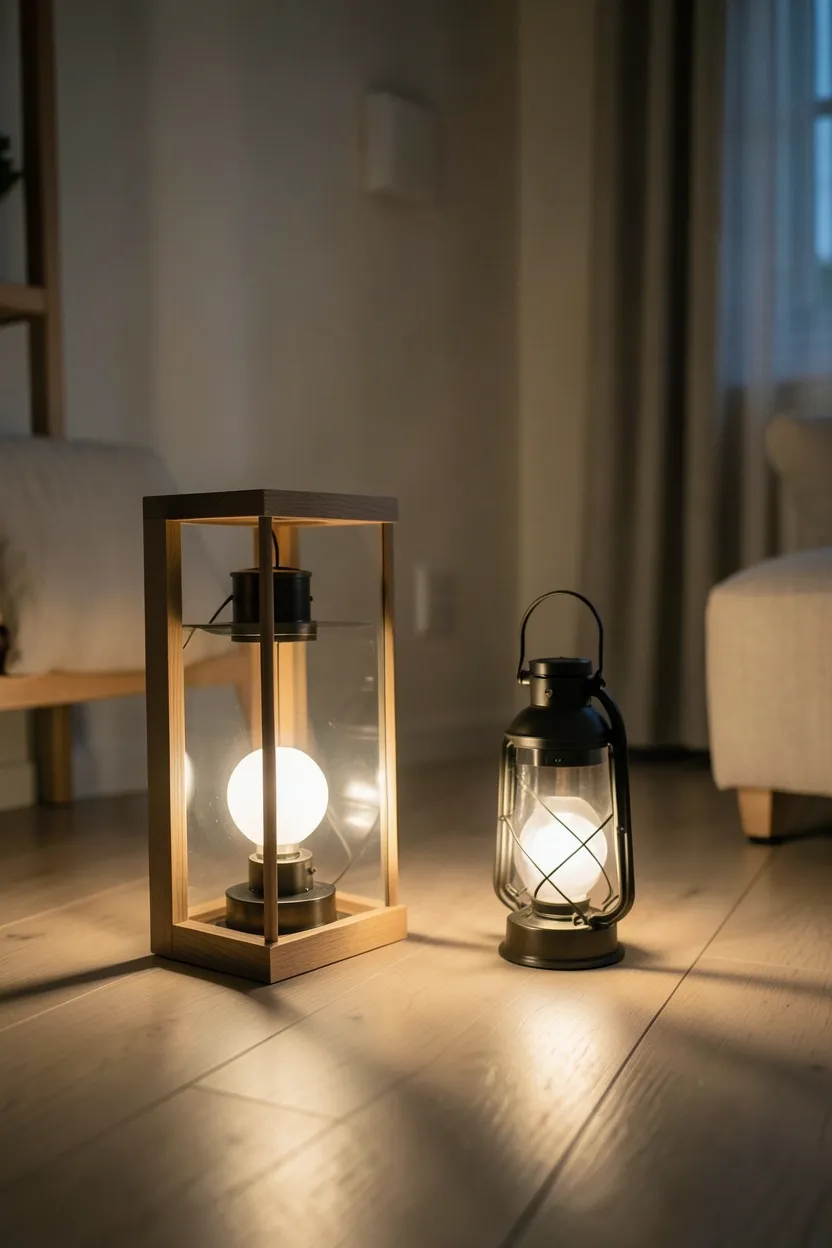 Glass and wood lantern floor lamp casting warm ambient glow in a Japandi living room corner beside a linen sofa