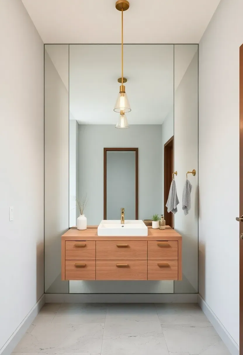 Floor-to-ceiling mirror wall behind a floating vanity making a small bathroom appear twice as large, with a single linear pendant light overhead