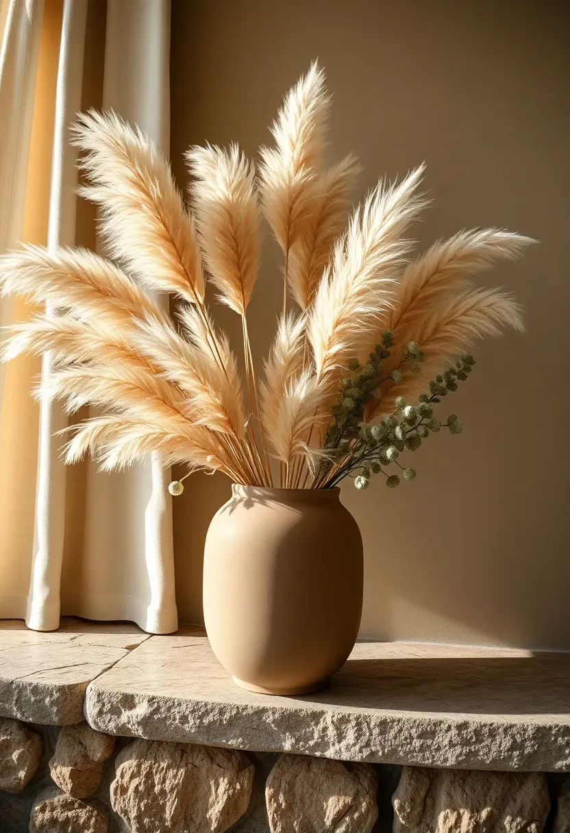 Dried pampas grass and eucalyptus arrangement in a large ceramic vase above rustic stone fireplace