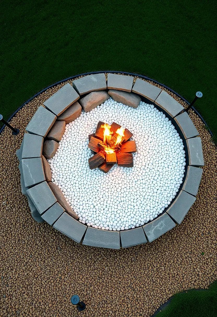 A double-ring firepit design with an inner stone fire ring and outer gravel moat bordered by landscape edging