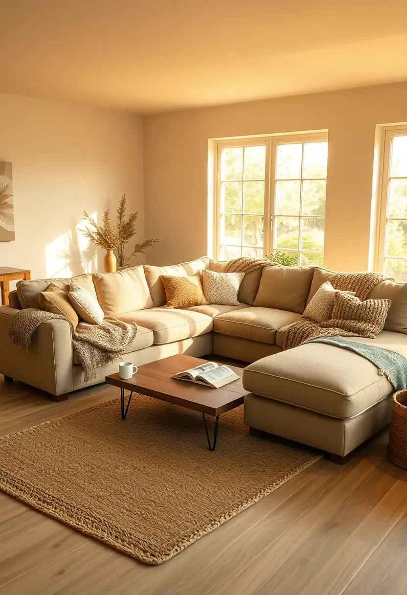 spacious living room painted in toasted linen with a neutral sectional sofa and layered textiles