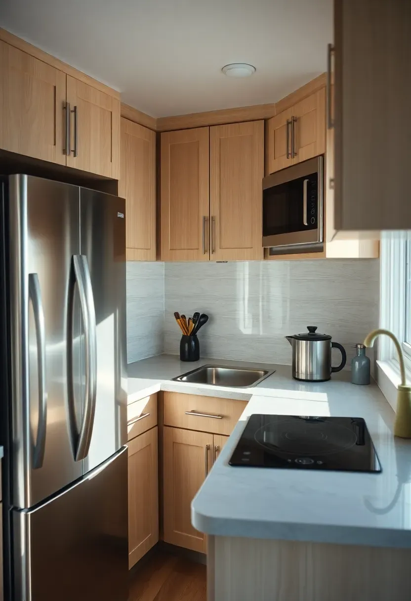 Hyper-realistic 3/4 view of a tiny house kitchen with compact energy-efficient appliances including 24-inch refrigerator, induction cooktop, and convection microwave. Materials: stainless steel appliances, light wood cabinets, quartz countertop. Bright clean lighting, modern sustainable kitchen. Energy-efficient design, compact living technology. Shallow depth of field, minimalist organized space. No text, no logos.</p>