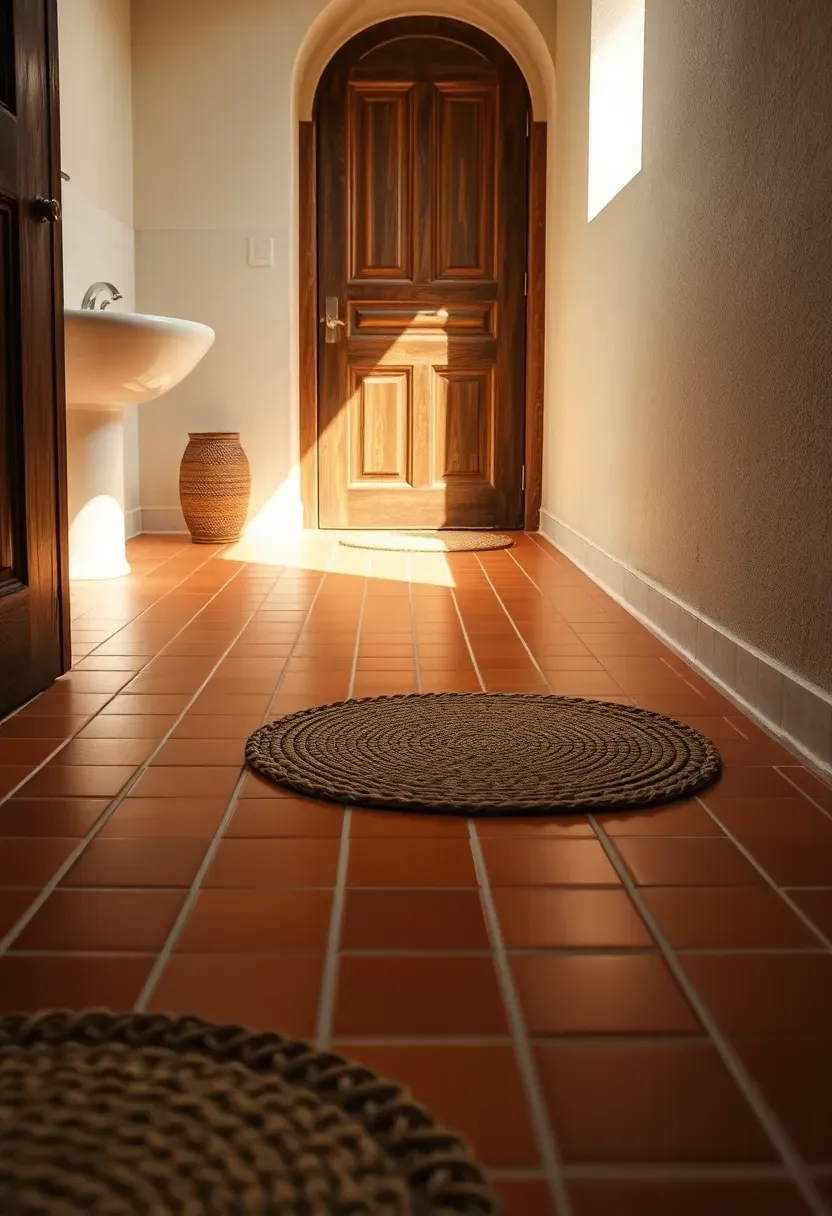 Glazed brick-format tiles in a warm terracotta tone laid in a running bond pattern on a Mediterranean bathroom floor