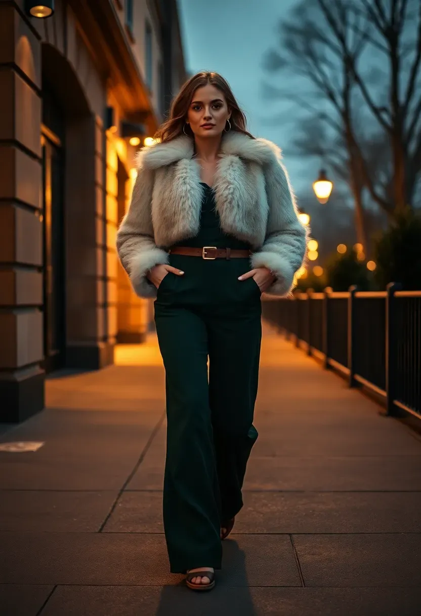 woman in a faux fur jacket layered over a dark jumpsuit arriving at a winter baby shower
