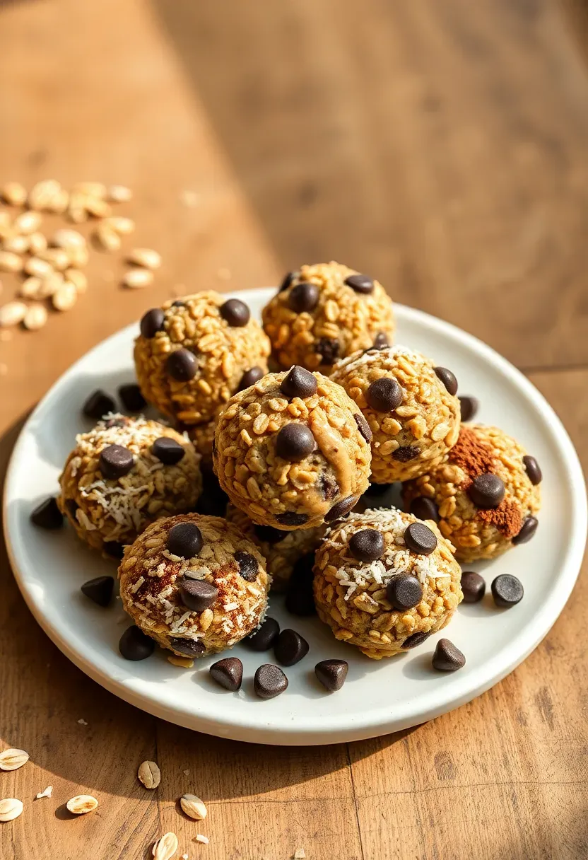 no bake peanut butter energy bites with oats chocolate chips and coconut on a plate at a baby shower snack table