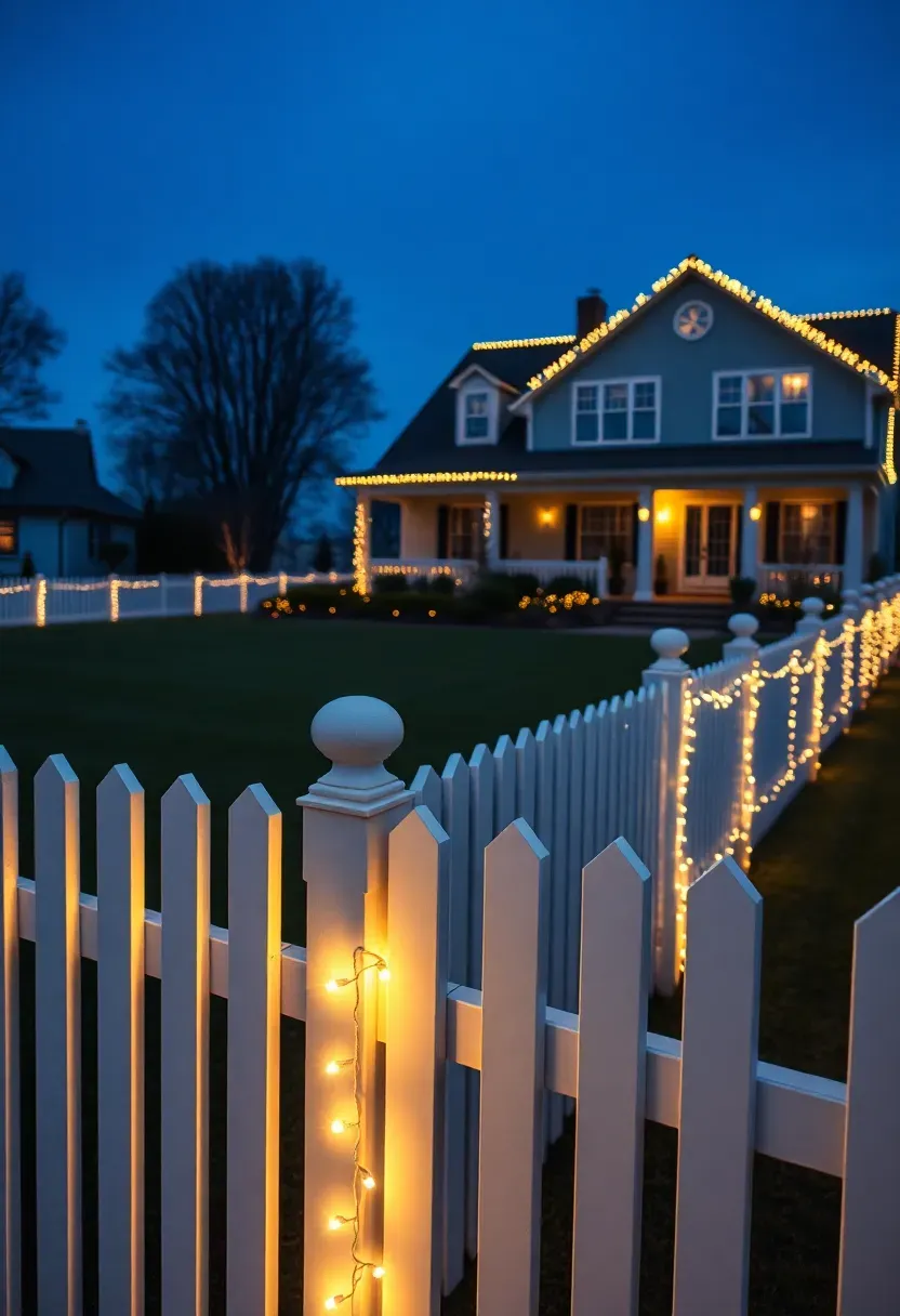 Hyper-realistic elevated view of a residential property featuring a white picket fence wrapped in continuous warm white mini LED lights along the entire front perimeter, with the house beyond also featuring coordinated roofline lighting. Materials: white picket fence with uprights and rails, manicured lawn behind fence, house facade with additional lighting visible in distance, landscaping beds along fence line. Natural evening darkness with warm light line defining property perimeter while lawn and background remain in contrast, cool blue ambient sky. Impressive expansive mood like luxury property holiday display. Shallow depth of field, sharp details on nearest fence section lights, expansive composition showing continuity, soft shadows, no text or watermarks.</p>