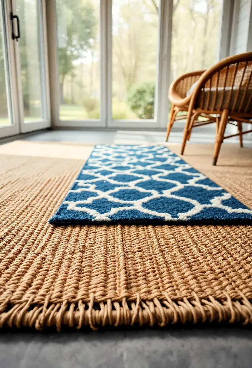 Sun room floor with layered jute and patterned outdoor rugs anchoring a seating area