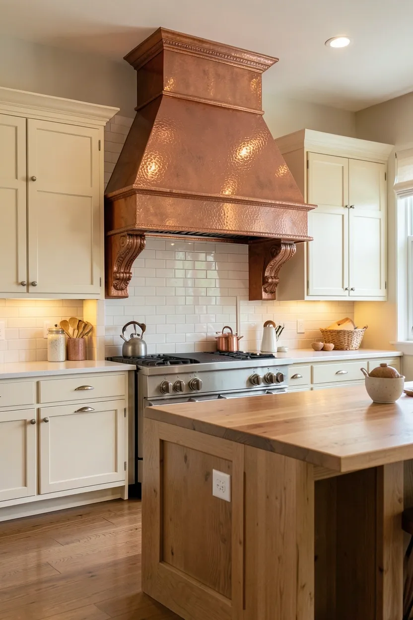 Hammered copper vintage-style range hood with decorative corbels above a farmhouse kitchen stove
