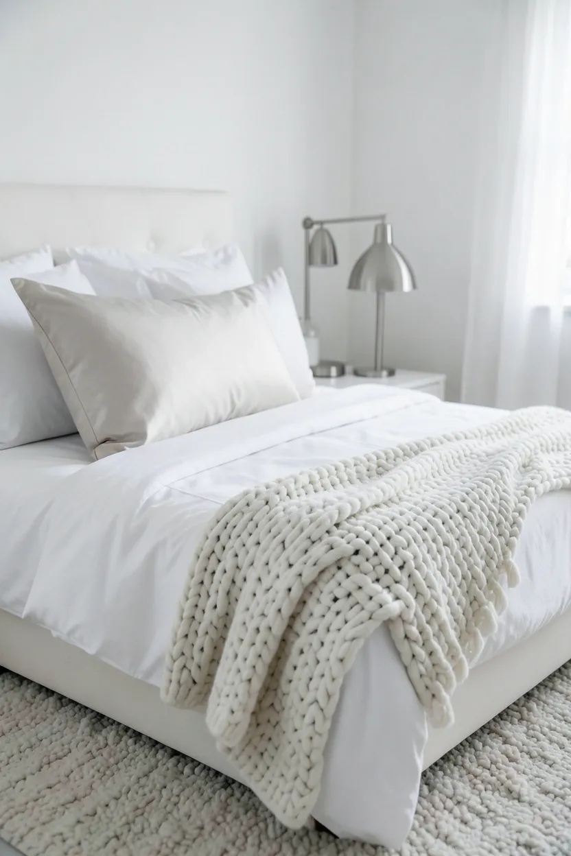 White bedroom with layered textures — smooth percale sheets, chunky knit throw, satin pillows, nubby wool rug, and sleek metal lamp