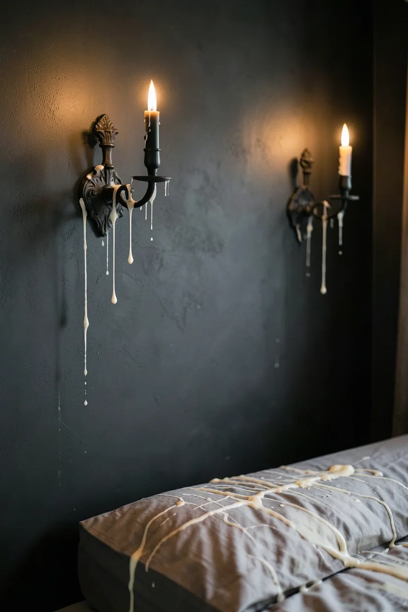 Moody boho bedroom with dark iron candle sconces flanking the bed, dripping wax pillar candles casting warm flickering light