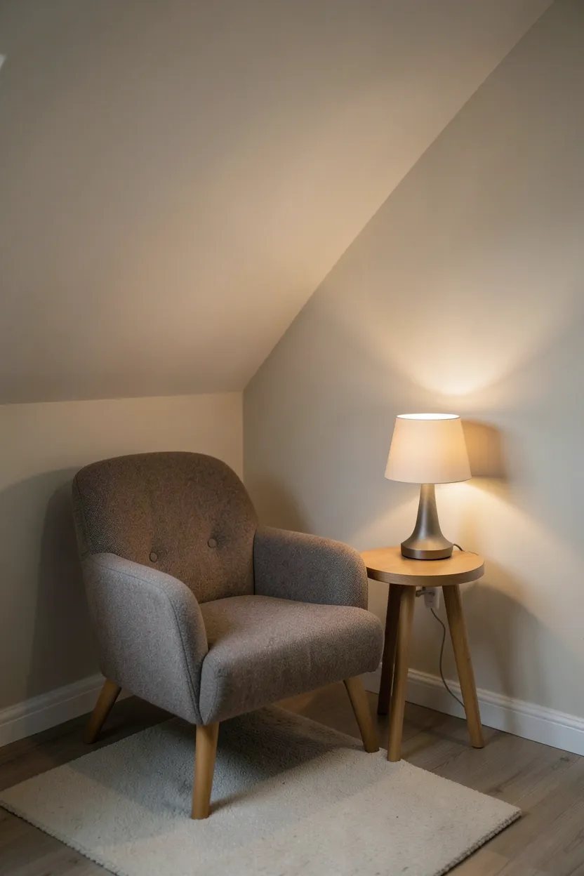 Compact armchair tucked under a sloped ceiling in an attic-style bedroom with a low side table and warm lamp — cozy minimalist reading nook in an awkward space