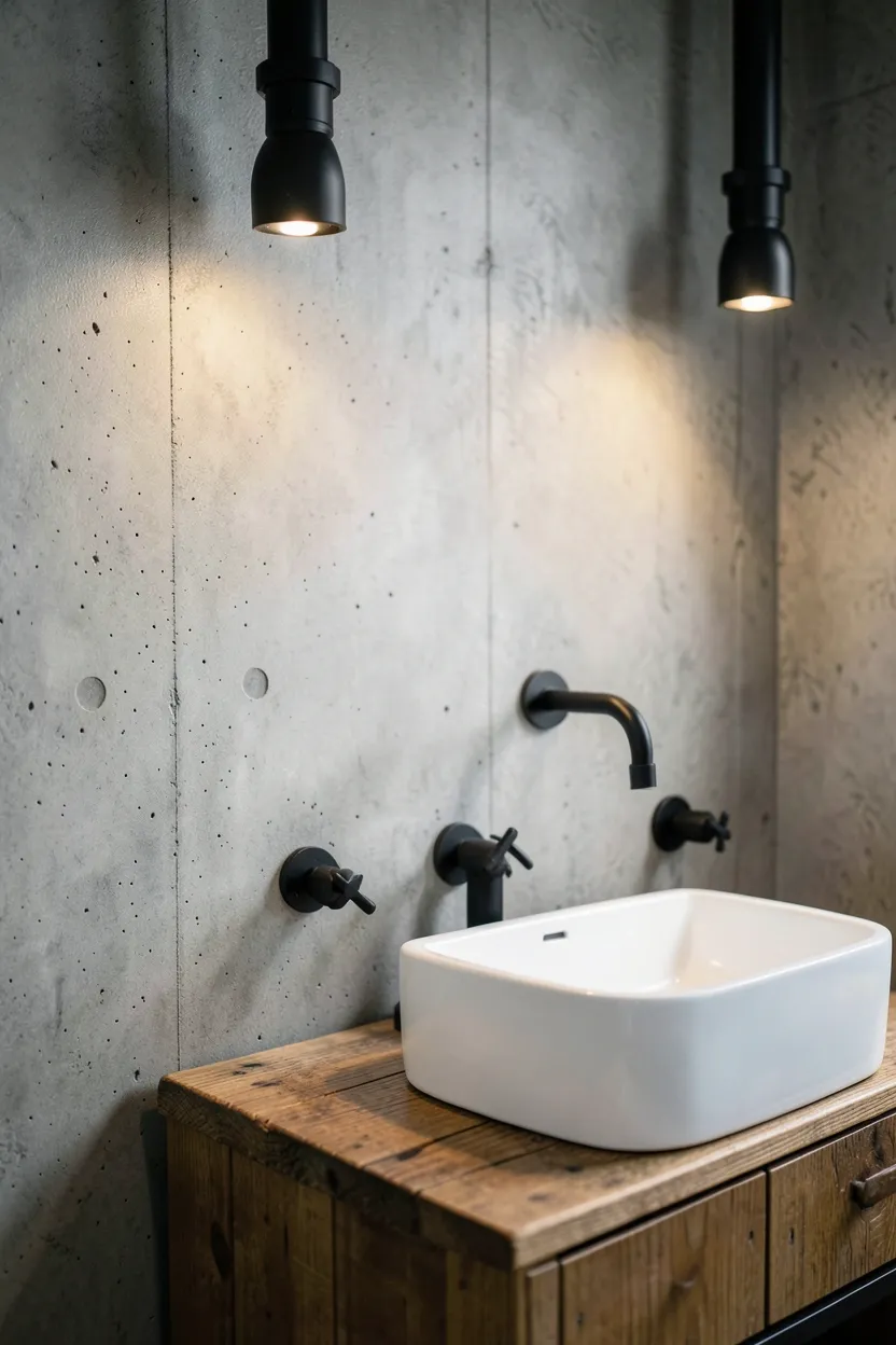 Concrete-look grey bathroom walls with black metal pipe fixtures and reclaimed wood shelf in industrial style