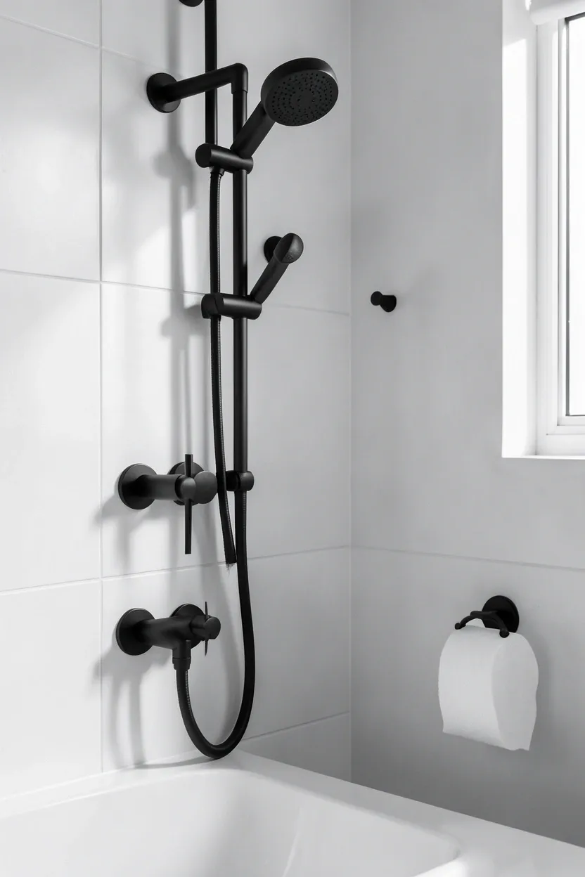 Matte black faucet, towel bar, and shower fixtures in a modern apartment bathroom, creating bold contrast against white surfaces