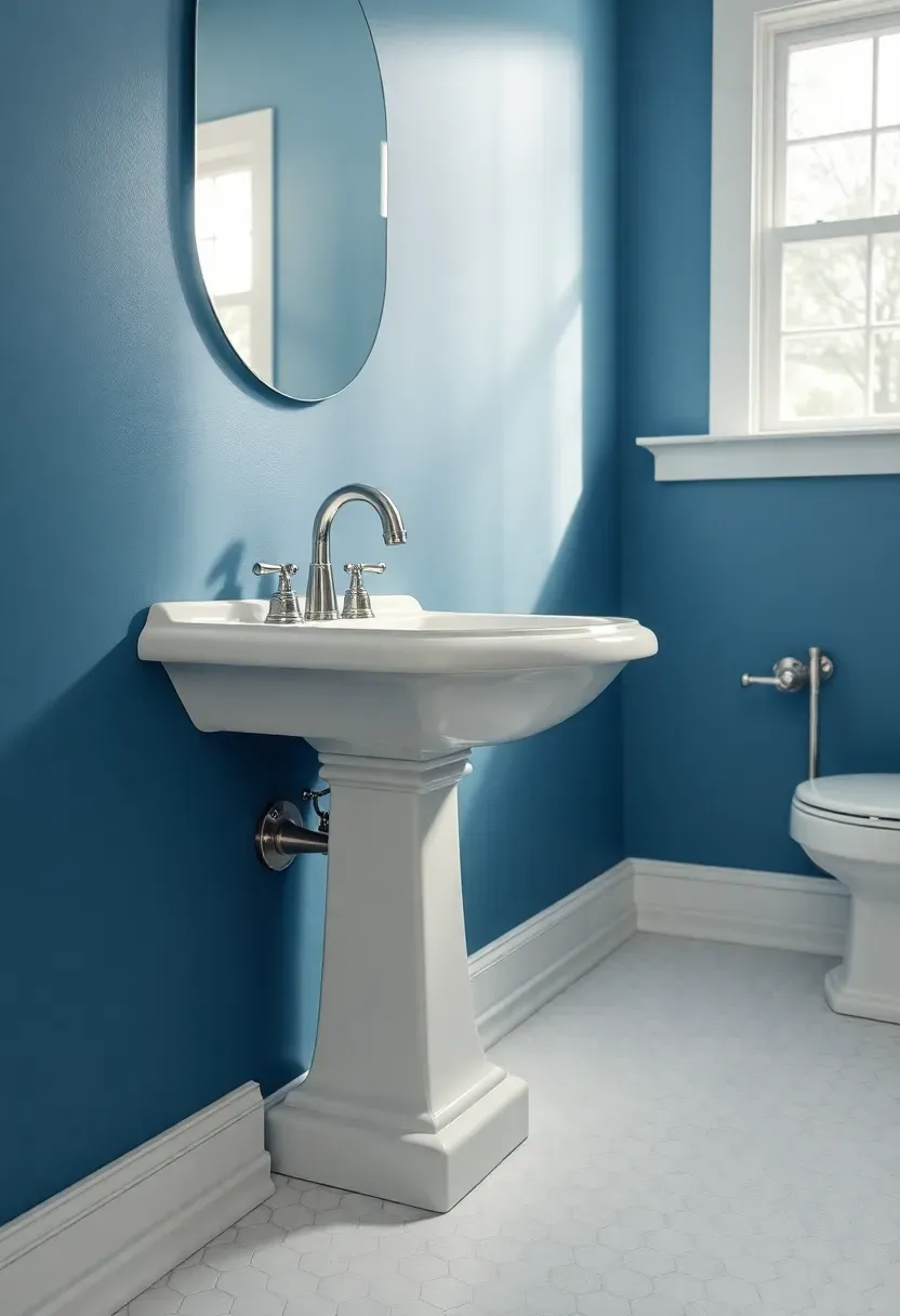 Painted white solid poplar baseboard in a traditional bathroom with blue walls and white hexagonal floor tile