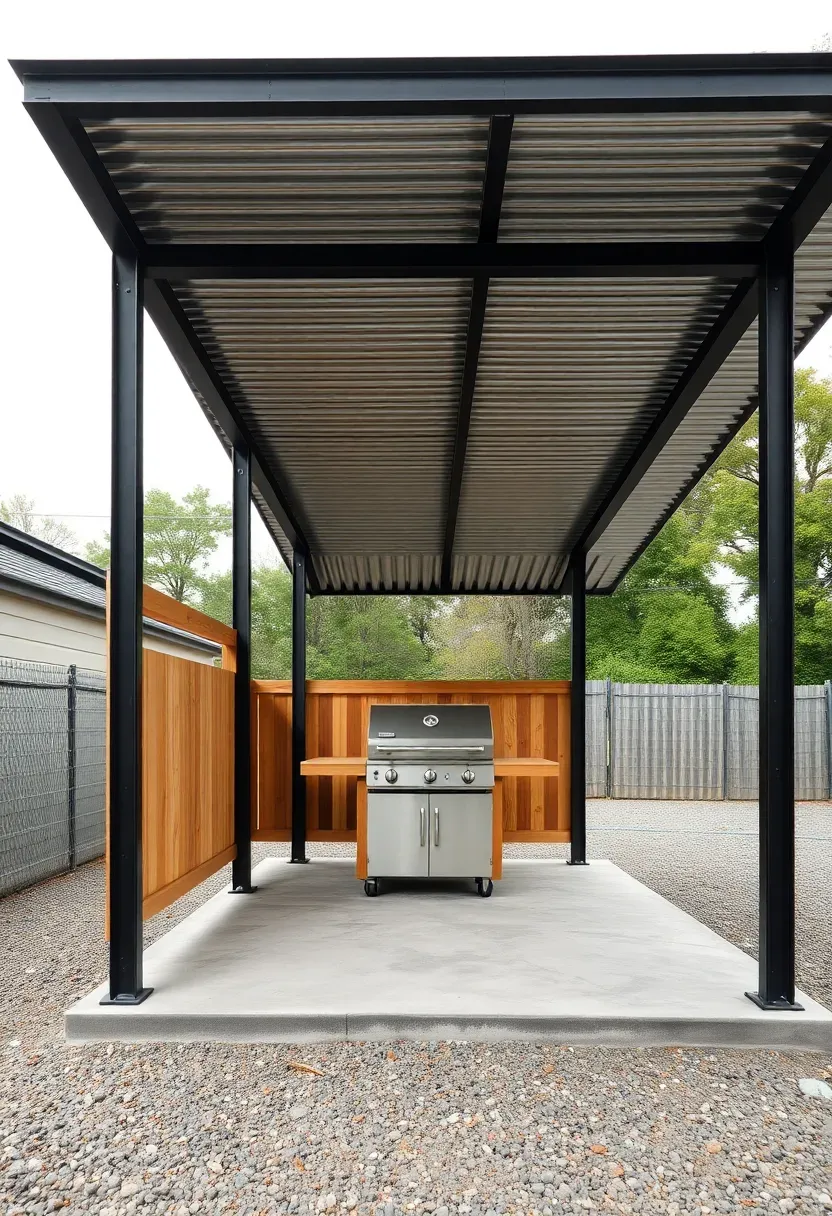 Black steel frame open-air shelter over a grill station with a corrugated metal roof, concrete floor, and wooden side walls