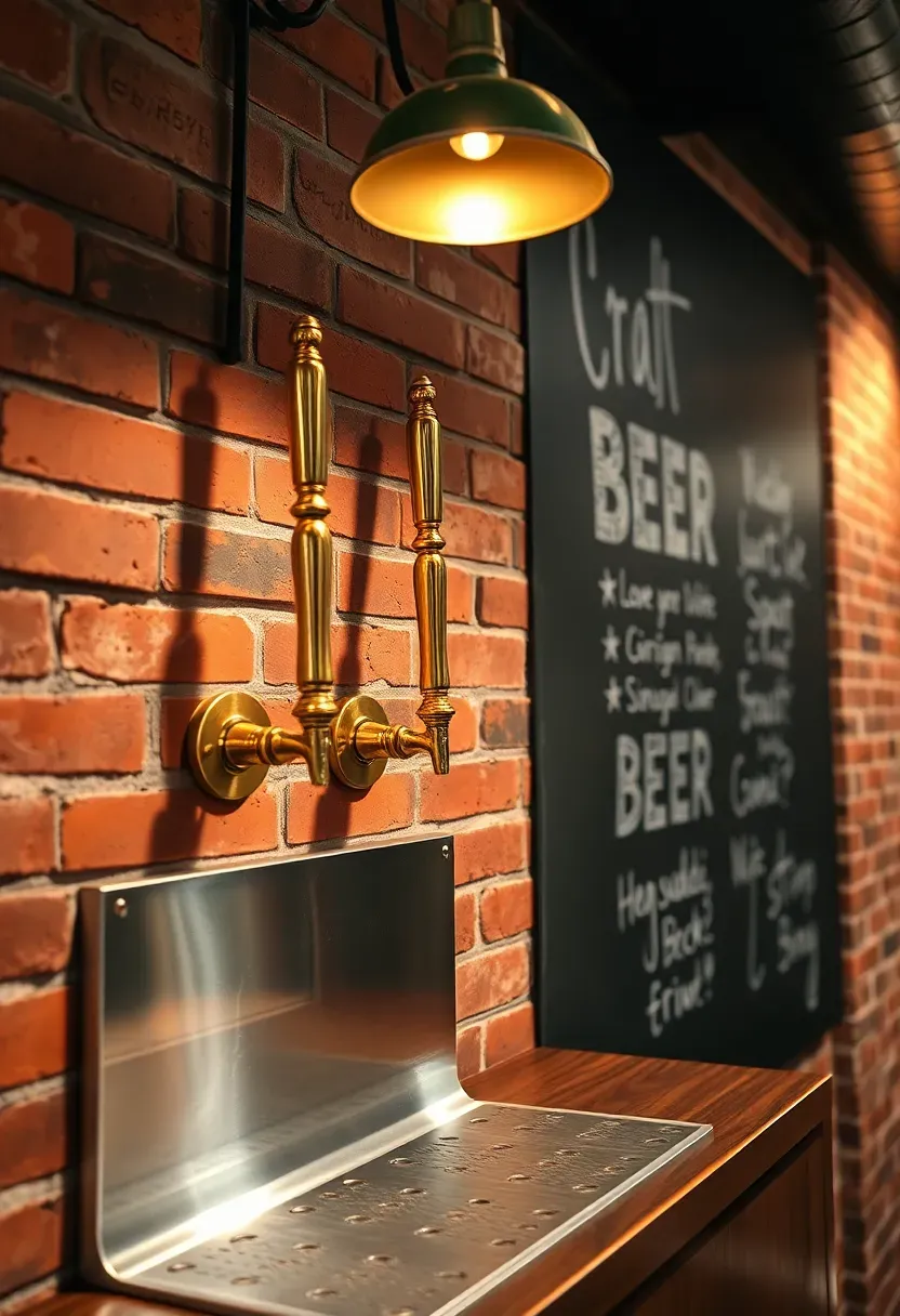 basement craft beer tap wall with multiple brass tap handles chalkboard menu and exposed brick backdrop