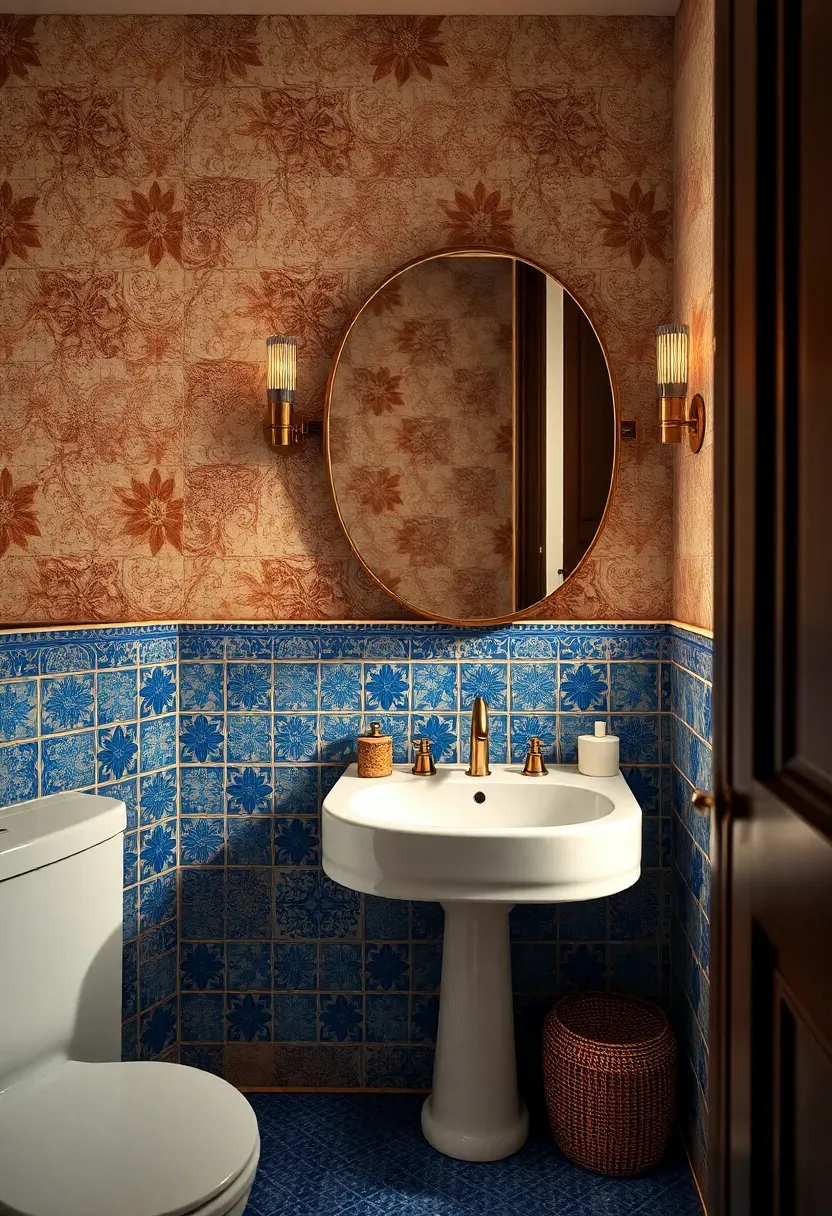 Handmade Moroccan zellige tile in deep terracotta and cobalt blue covering a powder room accent wall with unlacquered brass fixtures
