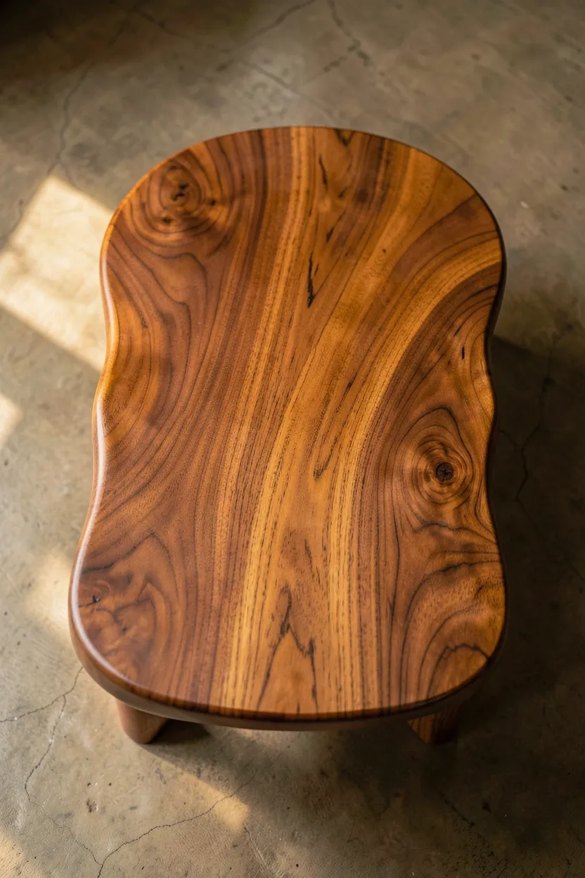 Vintage teak coffee table with organic curved edges and warm amber wood grain in a Scandinavian-style living room