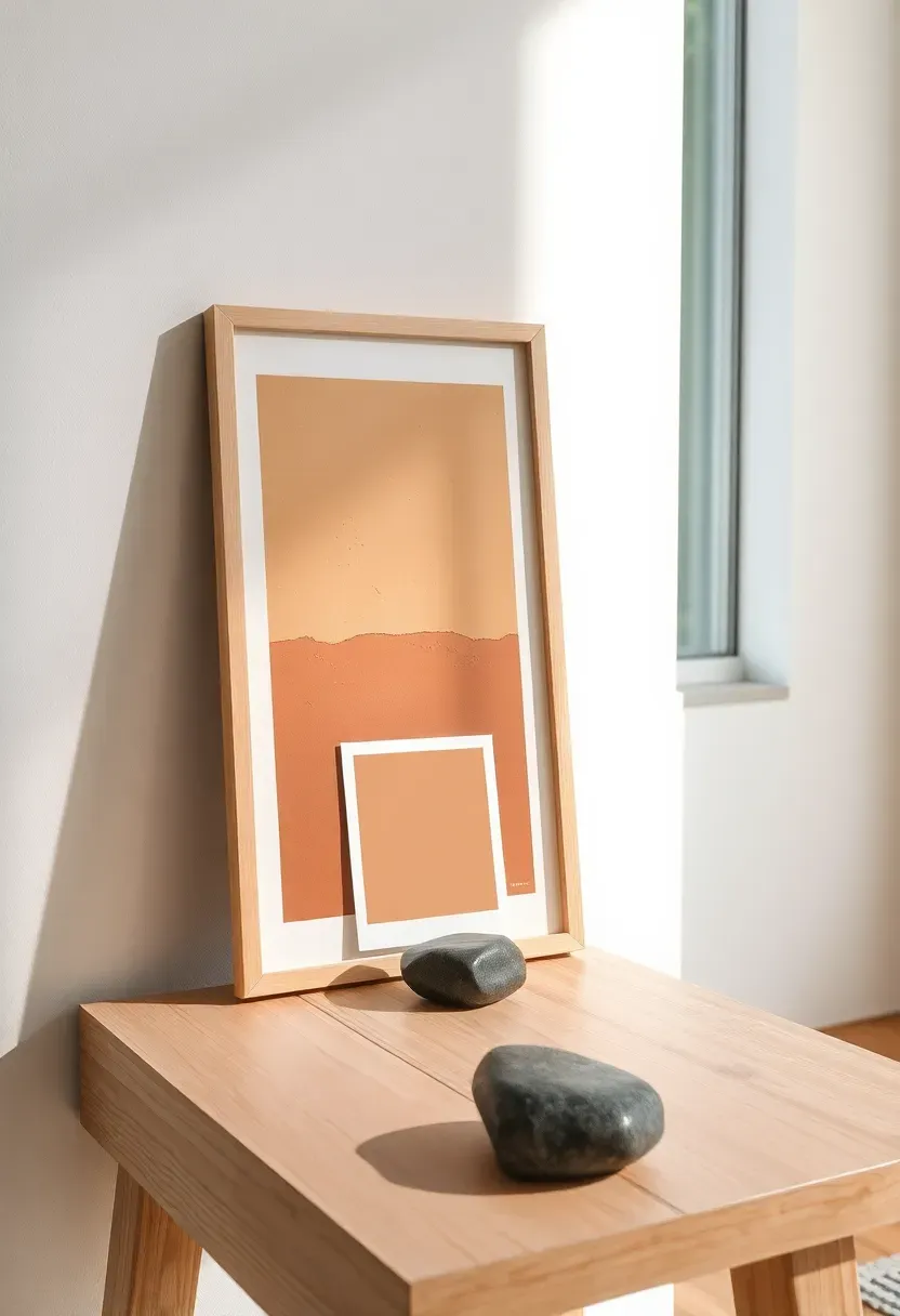Small art print leaning against wall on a side table with a tiny sculptural object in front