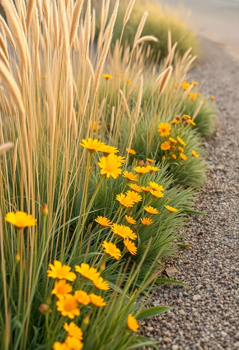 Native grass and Arizona wildflower strip along a garden path with desert marigold, globe mallow, and sideoats grama grass