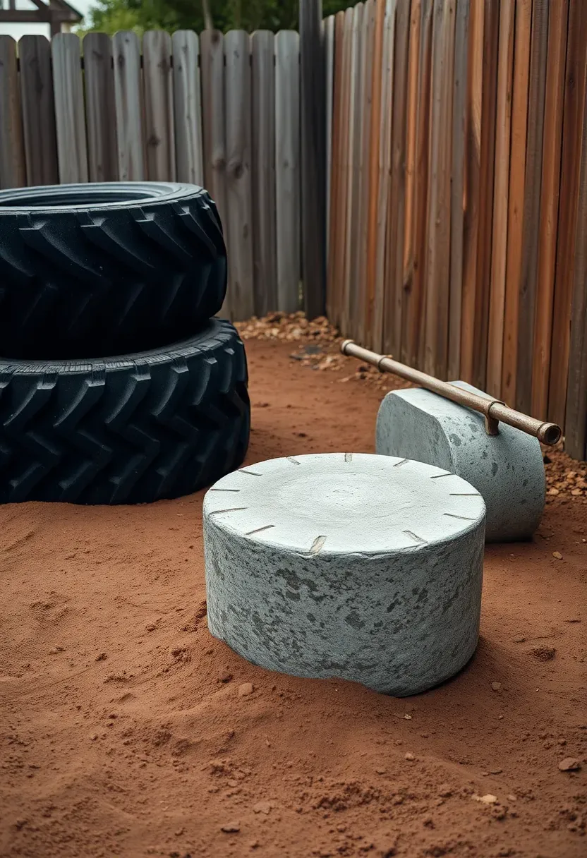 Strongman training area in a backyard corner with large tractor tires, atlas stones, a log press bar, and bare earth with tire tracks visible