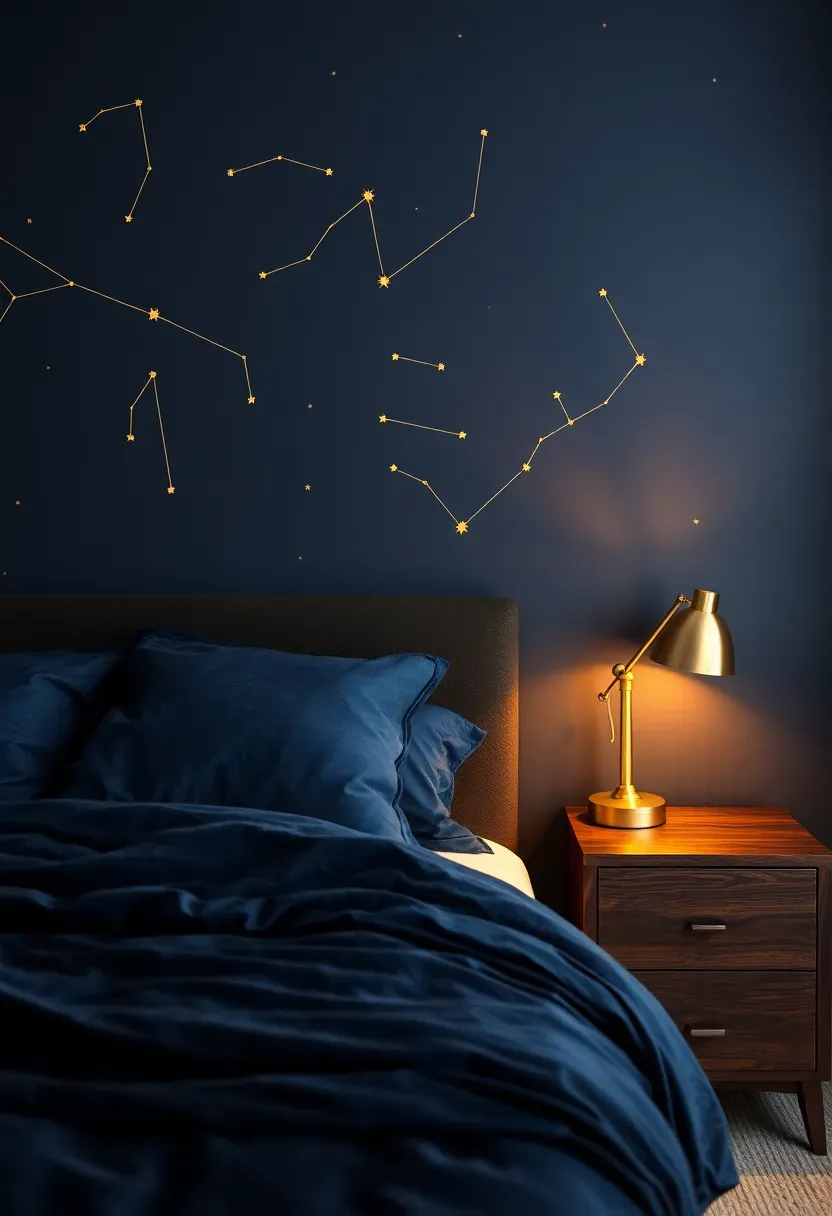 Dark navy bedroom with a celestial star map accent wall featuring gold constellation lines and star points on a deep midnight blue background