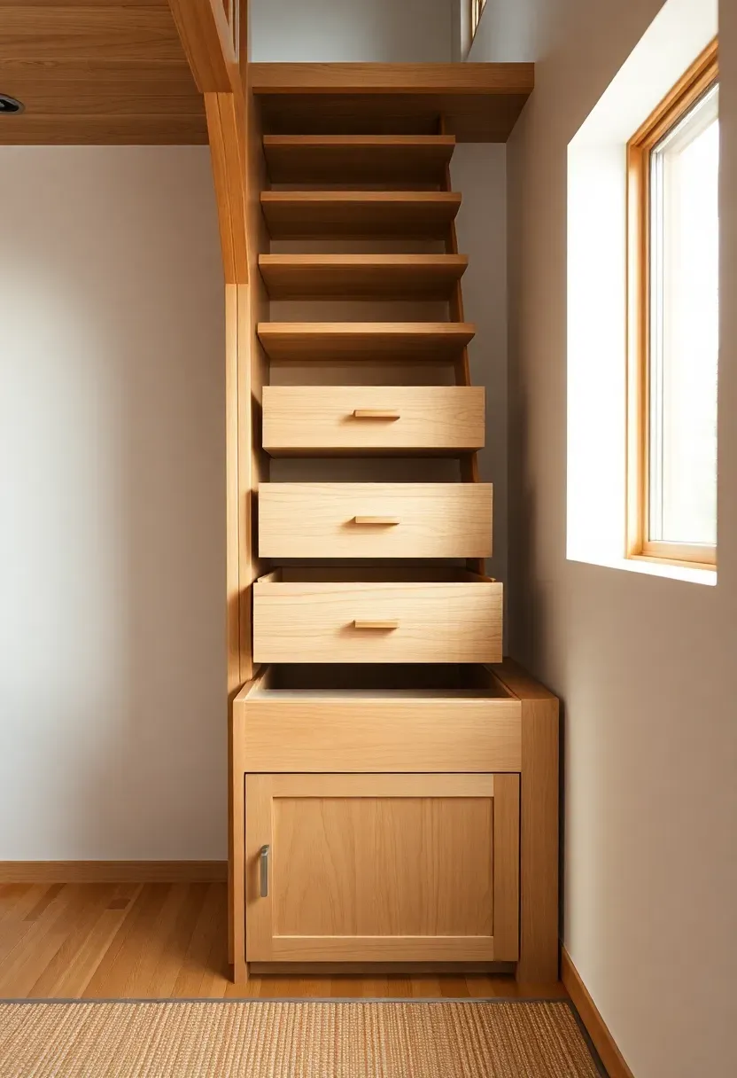 Hyper-realistic side view of wooden stairs with integrated storage in Japanese tiny house. Three steps ascending to loft, each step featuring pull-out drawer with minimal handles. Under-stair cabinet door at bottom. Materials: light oak wood with subtle grain, white walls, tatami flooring foreground. Warm ambient light from window, highlighting drawer details and wood texture. Shallow depth of field showing drawer handle details and wood joinery. Functional Japanese minimalist mood with hidden storage.</p>