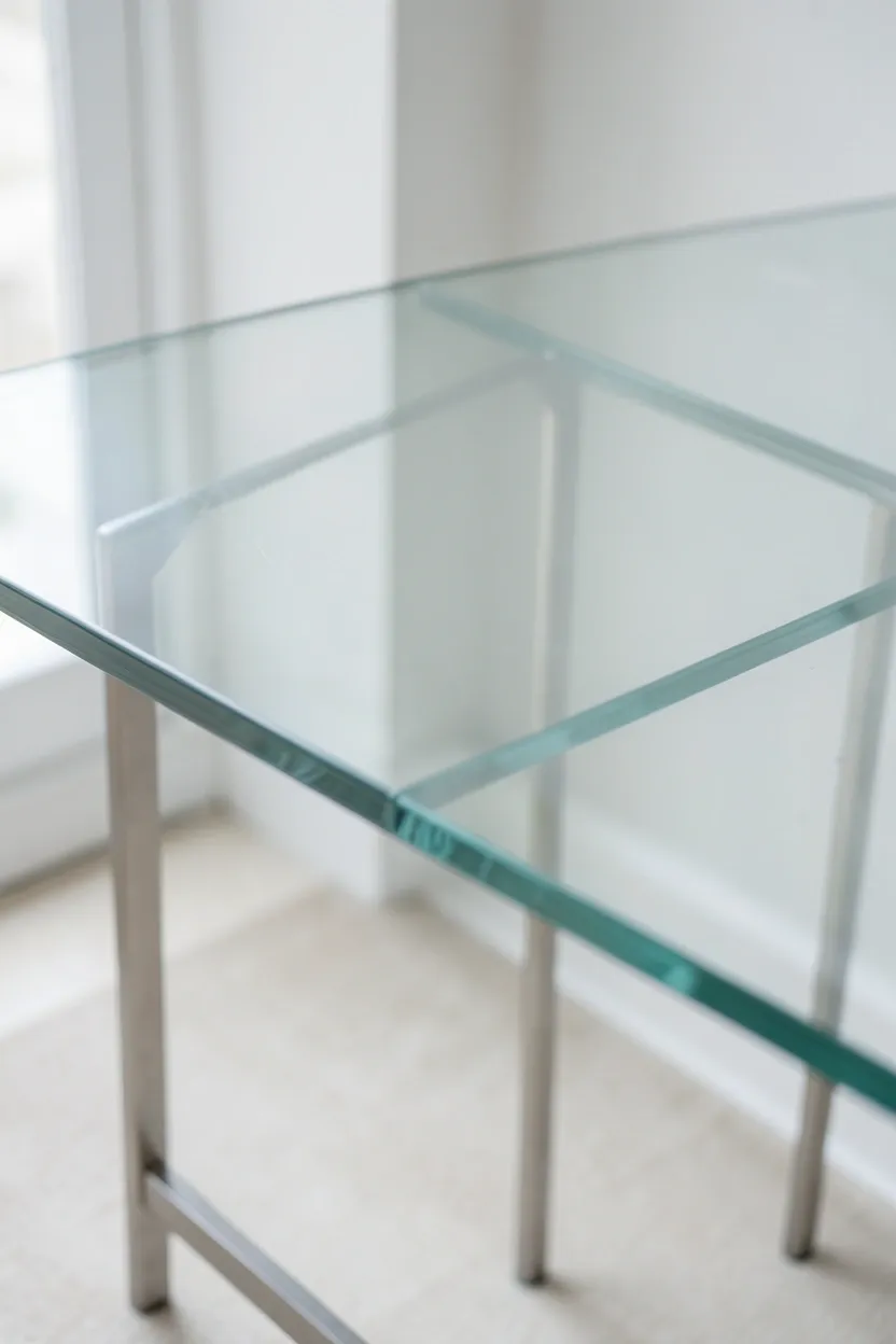 Glass-top console table with slim metal legs in a small Nordic rental living room, keeping the space visually light