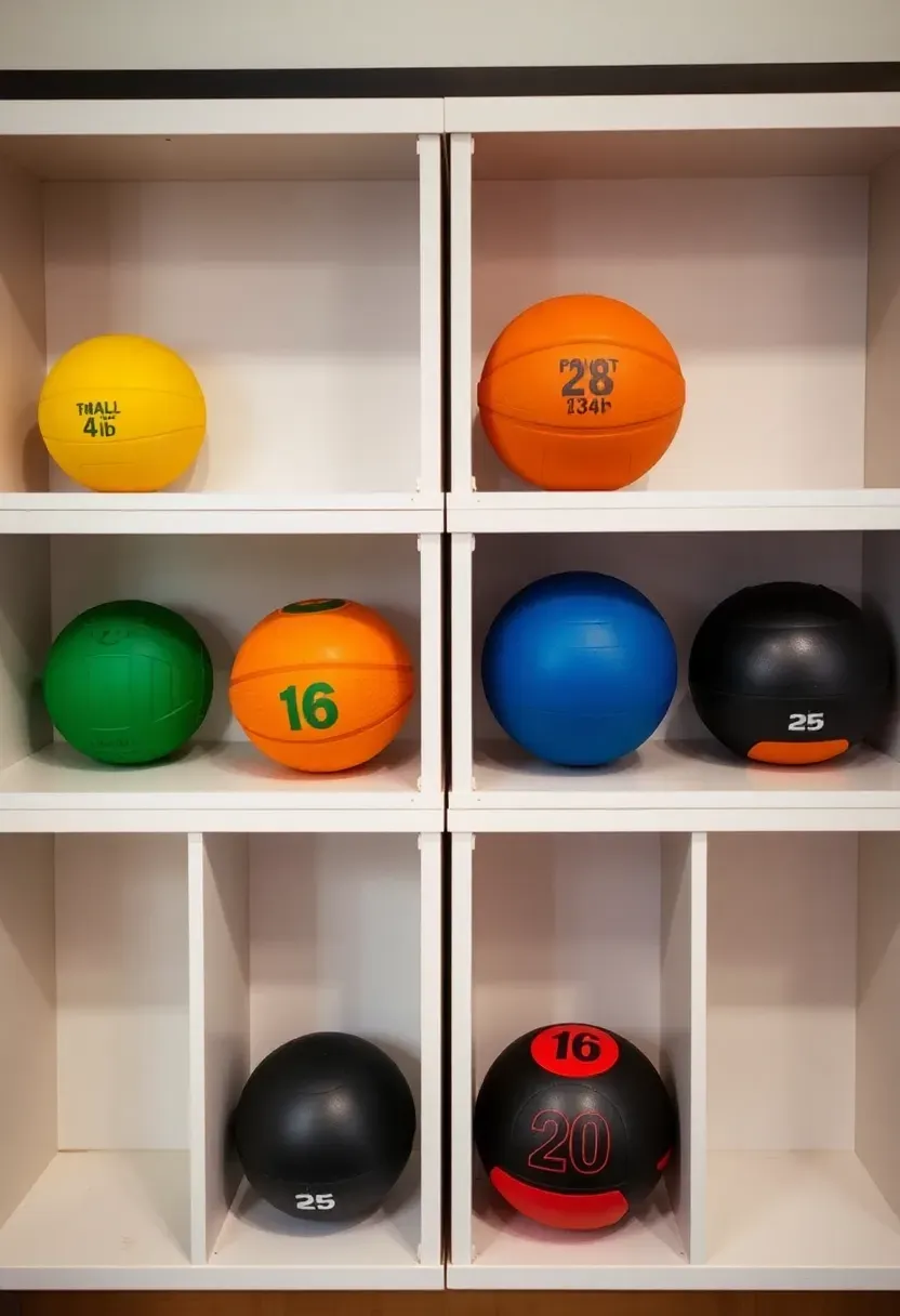 Medicine ball storage cubbies with open compartments holding slam balls and medicine balls from lightest at top to heaviest at bottom