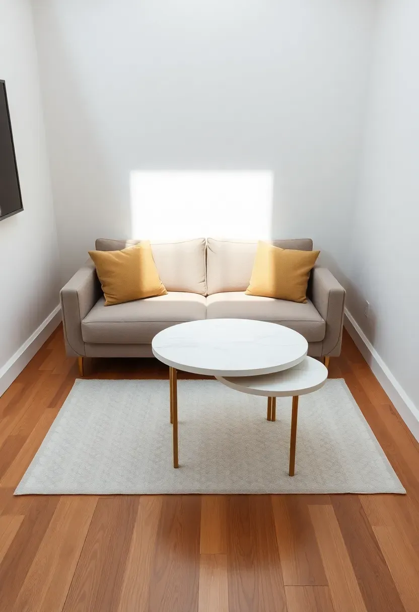 Hyper-realistic view of small minimalist living room featuring nesting coffee tables — large round white table with two smaller round tables tucked beneath, small apartment sofa, oak floor, white walls, compact arrangement. Materials: white lacquer or marble table surfaces, slim metal or wood legs, oak floor, white walls. Natural light, flexible functional mood. Nested tables saving space, shallow depth of field, no text, no logos, no watermarks.</p>