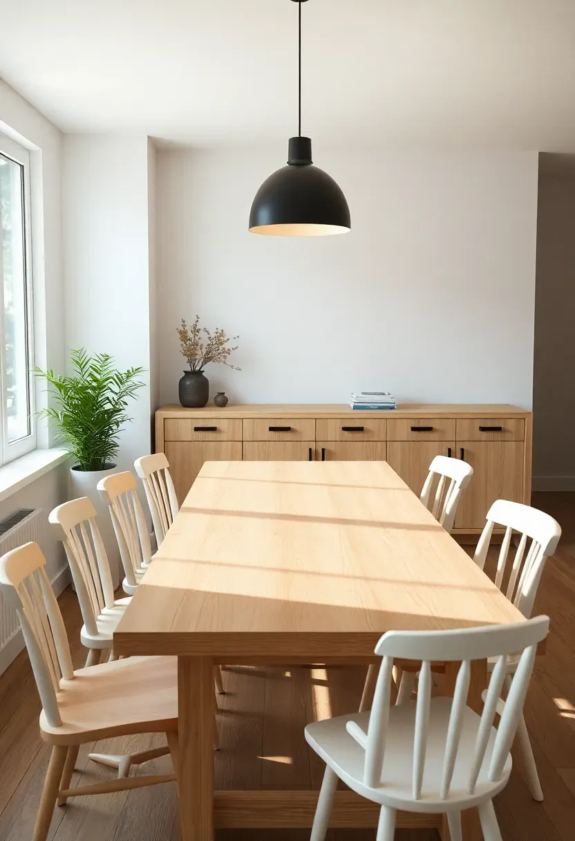 Hyper-realistic 3/4 view of minimalist family dining area with light wood table, mix of chairs including some stackable, empty center for activities, simple pendant light. Materials: light oak table, white chairs, black pendant. Natural light from nearby window, functional clean aesthetic. Visible built-in buffet storage. No table clutter. Sharp focus on table. No text, no logos, no watermarks.</p>