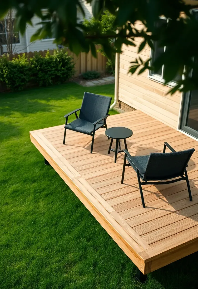 floating platform deck made of natural wood sitting just above a manicured lawn with low modern outdoor chairs and a small side table