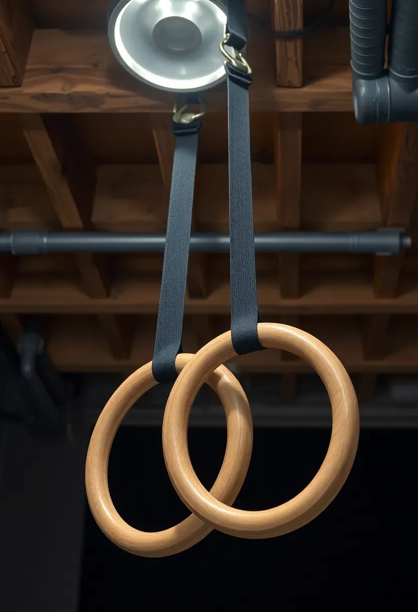 Gymnastic rings hanging from a basement ceiling joist with a man performing a ring dip, exposed beams and rubber mat below