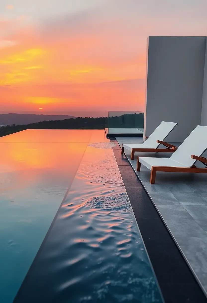 Luxury infinity-edge terrace with water feature flowing over a glass wall, lounge chairs positioned beside the reflecting pool, sunset colors in the sky