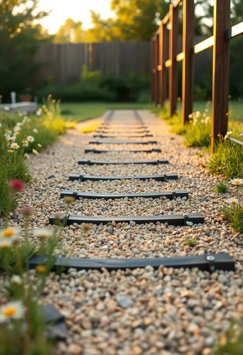 Gravel pathway with evenly spaced timber cross-beams creating a ladder-like pattern through a backyard wildflower meadow