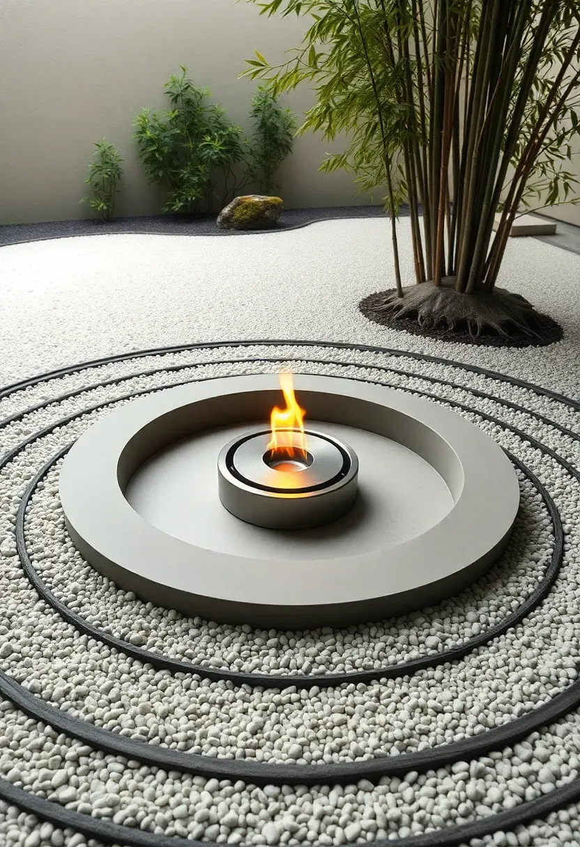 A minimalist low-profile outdoor hearth with clean concrete lines and a single flame in a zen garden with raked gravel and bamboo