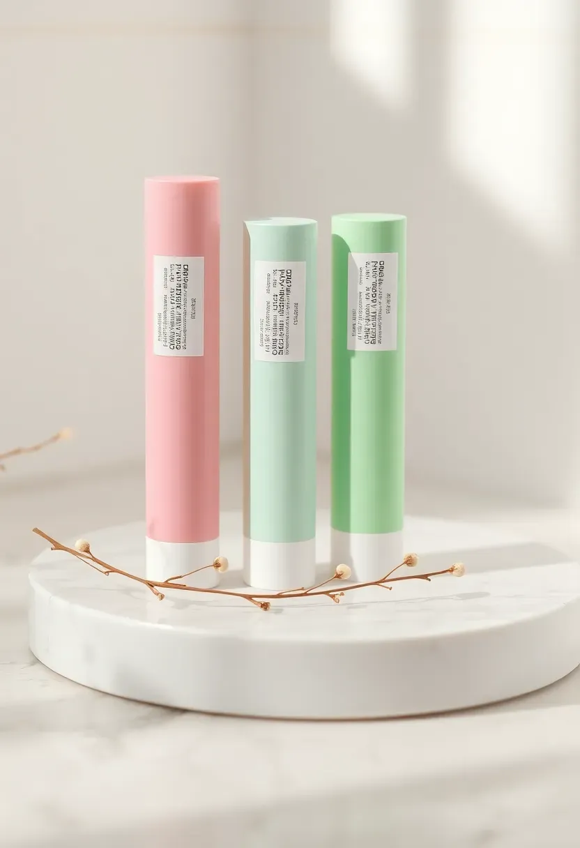 custom lip balm tubes in pastel pink and mint colors with printed baby shower labels lined up on a marble tray