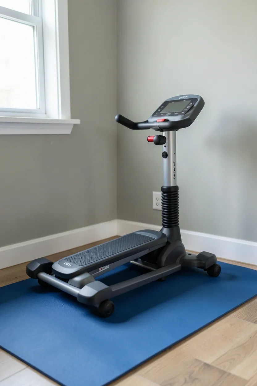 Compact hydraulic mini stepper on a rubber mat in a small apartment — portable low-impact cardio equipment for renters