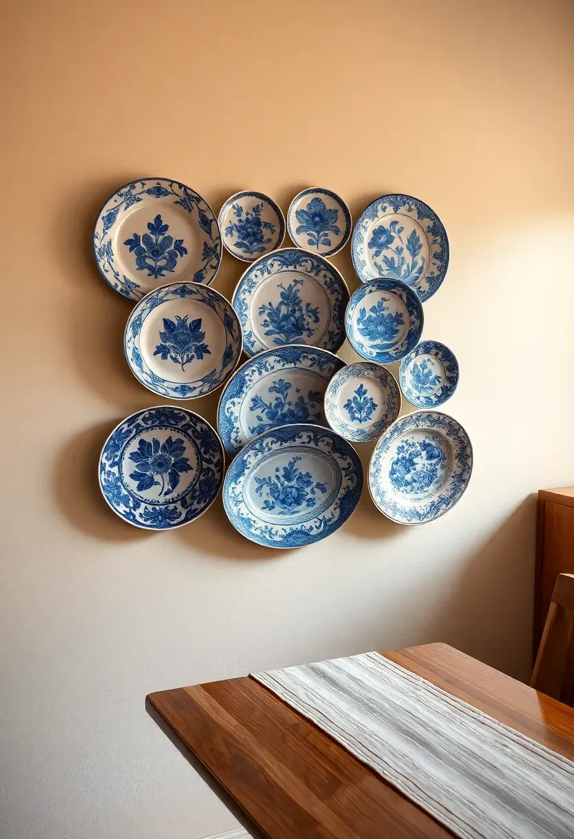 Eclectic decorative plate arrangement on a dining room wall featuring a mix of vintage floral plates in blue and white porcelain patterns