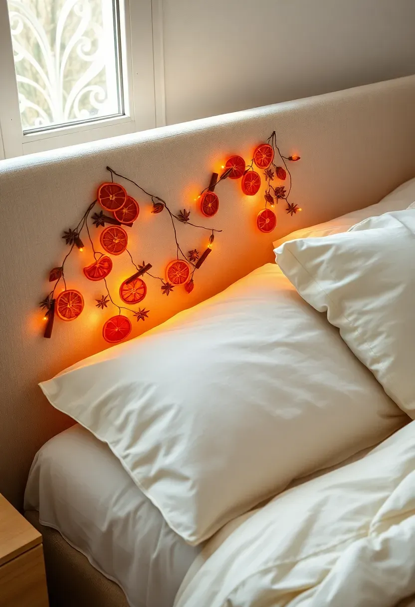 Hyper-realistic 3/4 view of bedroom with natural garland of dried orange slices, cinnamon sticks, and star anise draped along upholstered headboard edge. Warm amber orange tones glowing against cream fabric headboard. White linen bedding, light wood nightstands, white walls. Materials: dried orange slices, cinnamon sticks, star anise, linen bedding, upholstered headboard. Natural light from window, dried citrus catching warm light. Vintage Christmas charm. Shallow depth of field, sharp details on dried fruit texture. No text, no logos, no watermarks.</p>