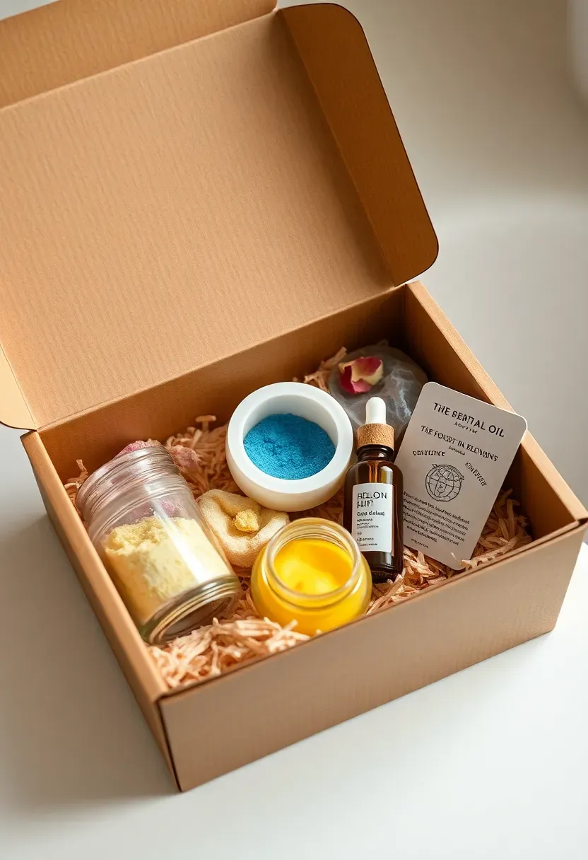 DIY bath bomb making kit with colorful powders molds and essential oils in a gift box